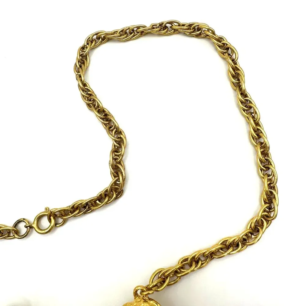 Vintage gold tone chunky massive lion door knocker chain statement necklace